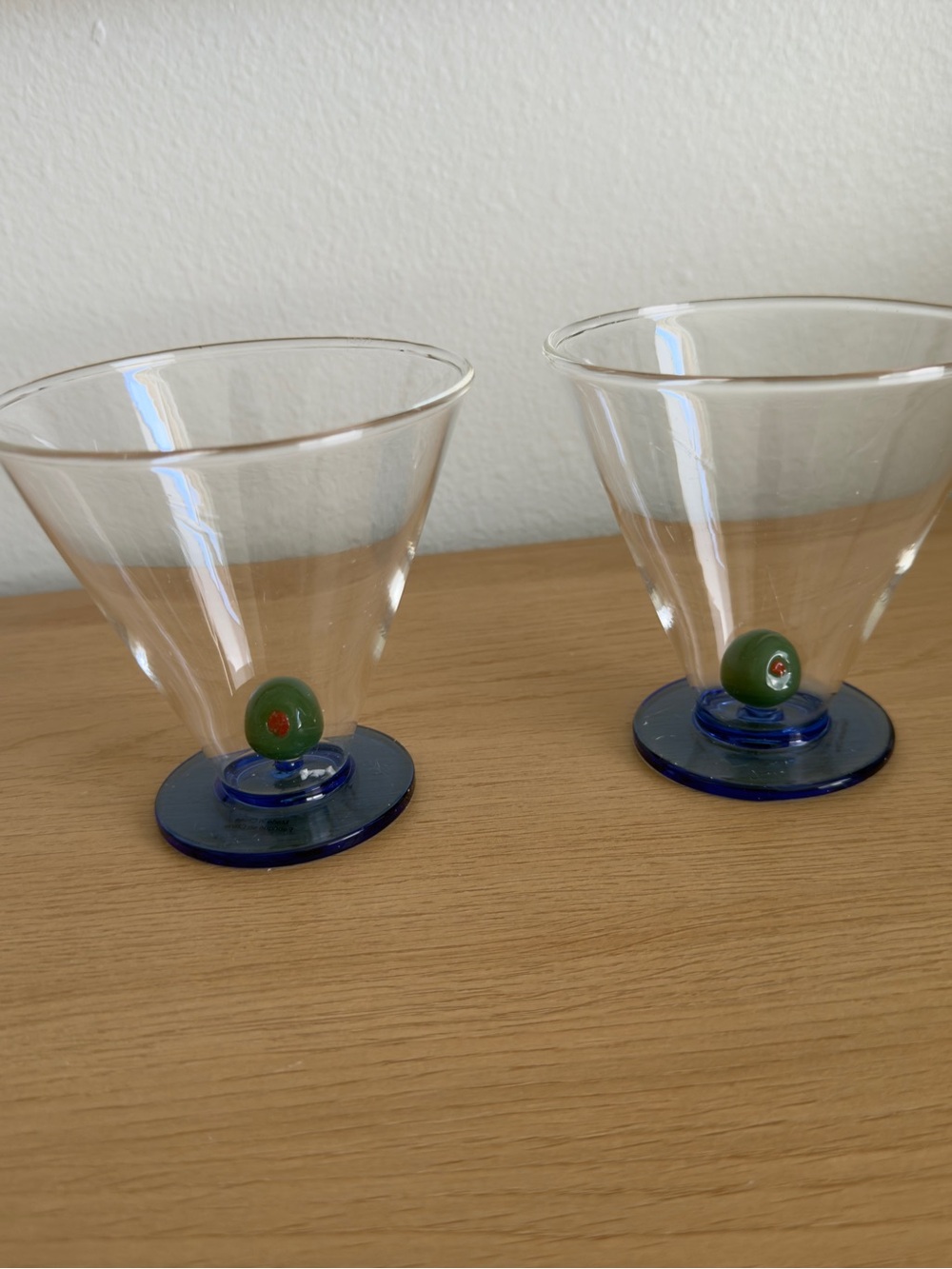 NWT Anthropologie Set of 2 Martini Glasses with Blue Base and Olive Accent